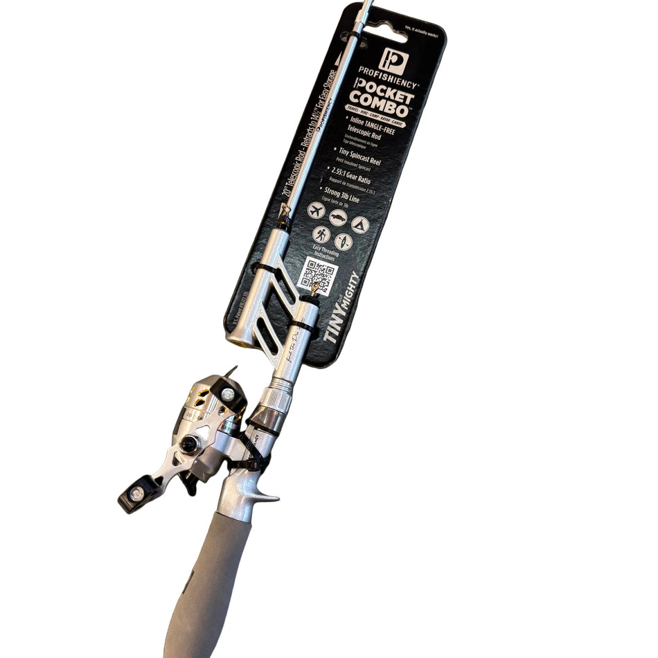 Tiny telescoping spincast fishing rod reel combo silver color